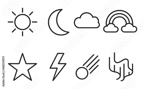 Set of simple weather and nature icons in minimalist style on textured background