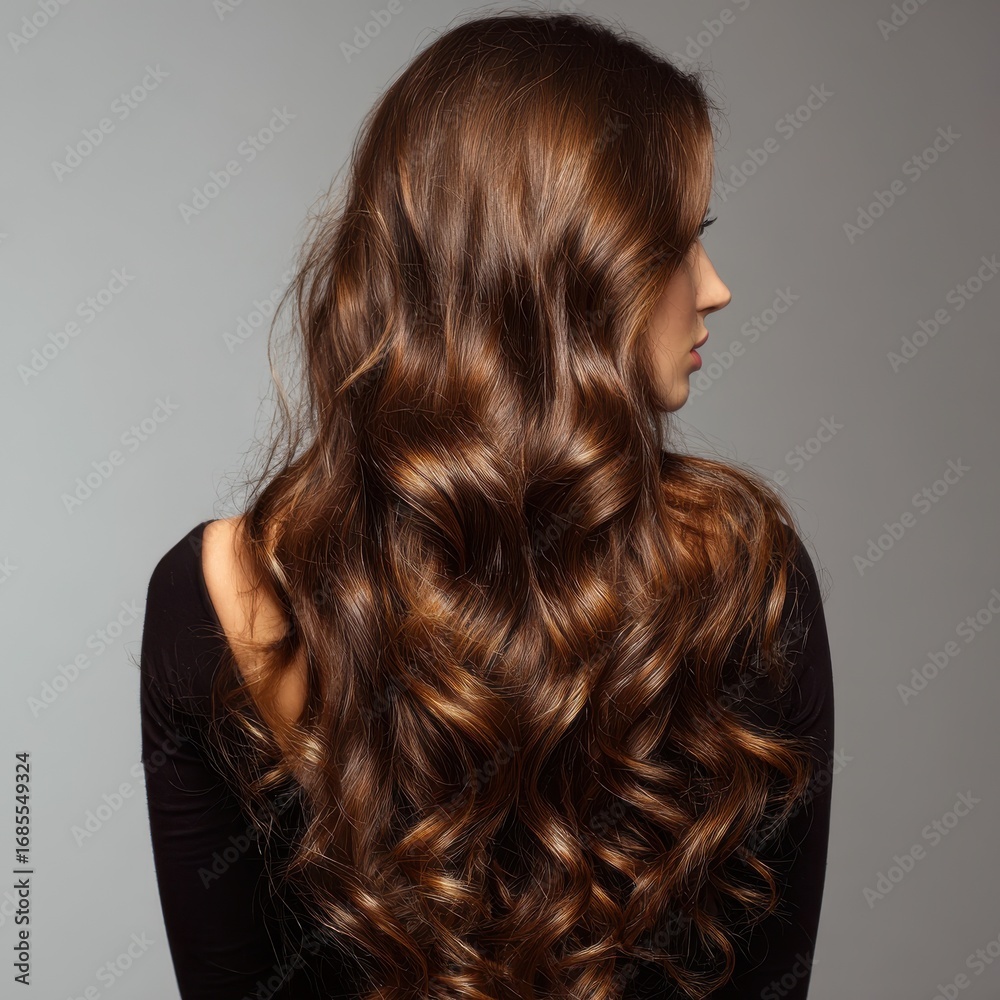 Fototapeta premium Caucasian Woman Showcasing Luscious Curly Hair in Stunning Back Portrait with Volume and Shine