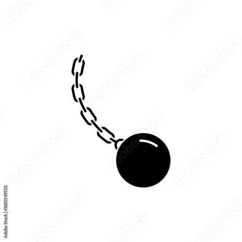 Solid black wrecking ball with chain depicts force and construction tool dynamics.