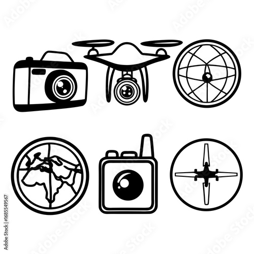 Set of drone, camera, and globe icons