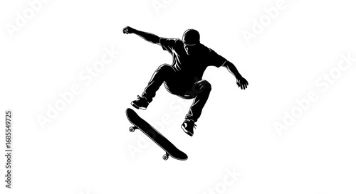 Silhouette of a skateboarder performing an aerial trick, captured in dynamic motion against a clean white background.