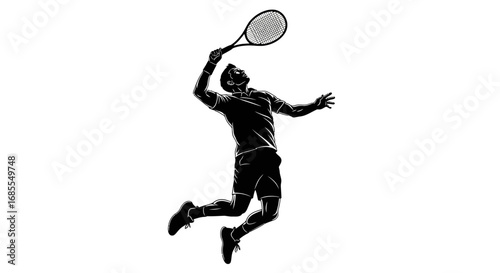 Silhouette of a tennis player serving the ball with a racquet during a match on the court.