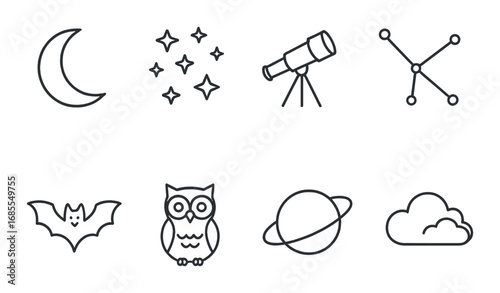 Astronomy icons: moon, stars, telescope, constellation, bat, owl, planet, cloud