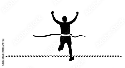 Silhouette of a runner crossing the finish line, celebrating victory.