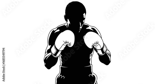 Silhouette of a boxer in a fighting stance, wearing boxing gloves and shorts, ready for combat.