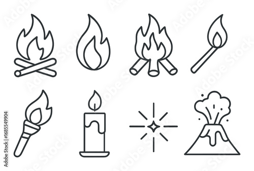 Fire icons collection: campfire, torch, candle, match, volcano eruption, starburst