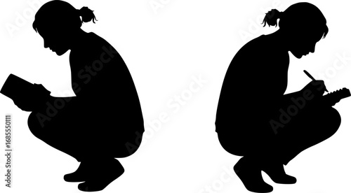 Two silhouettes of people squatting one reading and the other writing on a notepad in black and white | editable eps vectors
