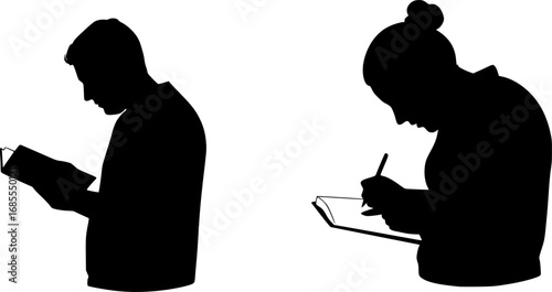 Two silhouettes of people squatting one reading and the other writing on a notepad in black and white | editable eps vectors

