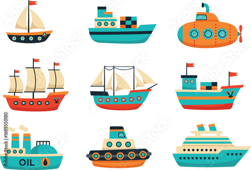 Colorful cartoon ships, submarines, sailboats, oil tankers, cargo vessels, and cruise liners illustration, marine transportation vector collection for nautical design projects