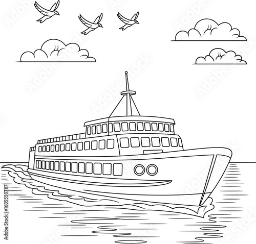Passenger ferry boat line art vector illustration, sea transport drawing, nautical travel design, ocean voyage ship sketch, maritime holiday tourism graphic element