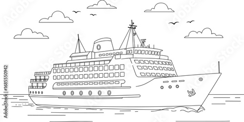 Cruise ship line art vector illustration, large passenger vessel outline, ocean travel drawing, holiday vacation maritime design, nautical transport graphic for tourism, sea voyage themes