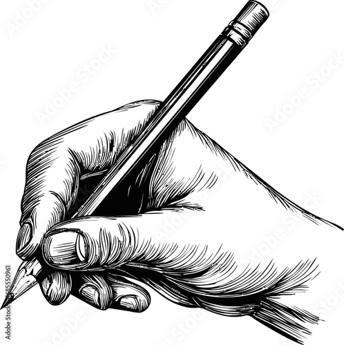 Hand holding a pencil sketch in black and white, artistic line drawing. Vector illustration