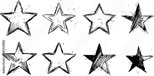 Hand-drawn black ink sketch of eight stars in different styles on white background. Vector illustration