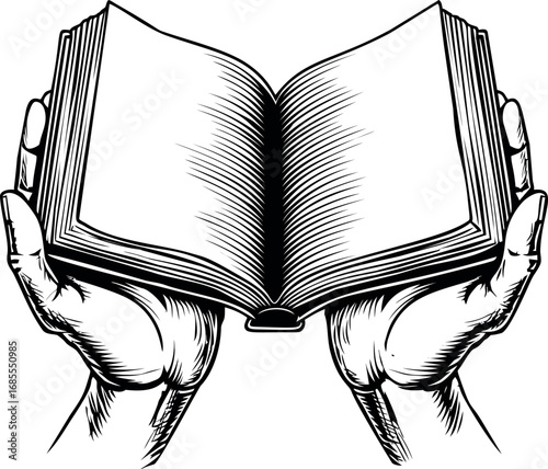 Black and white illustration of open book held by two hands, vintage sketch style art. Vector illustration