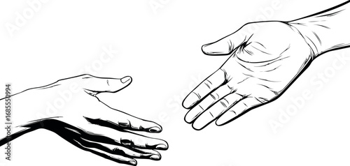 Two outlined hands reaching towards each other on a white background illustration. Vector illustration