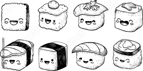 Cute hand-drawn sushi characters with smiling faces in black and white sketch. Vector illustration