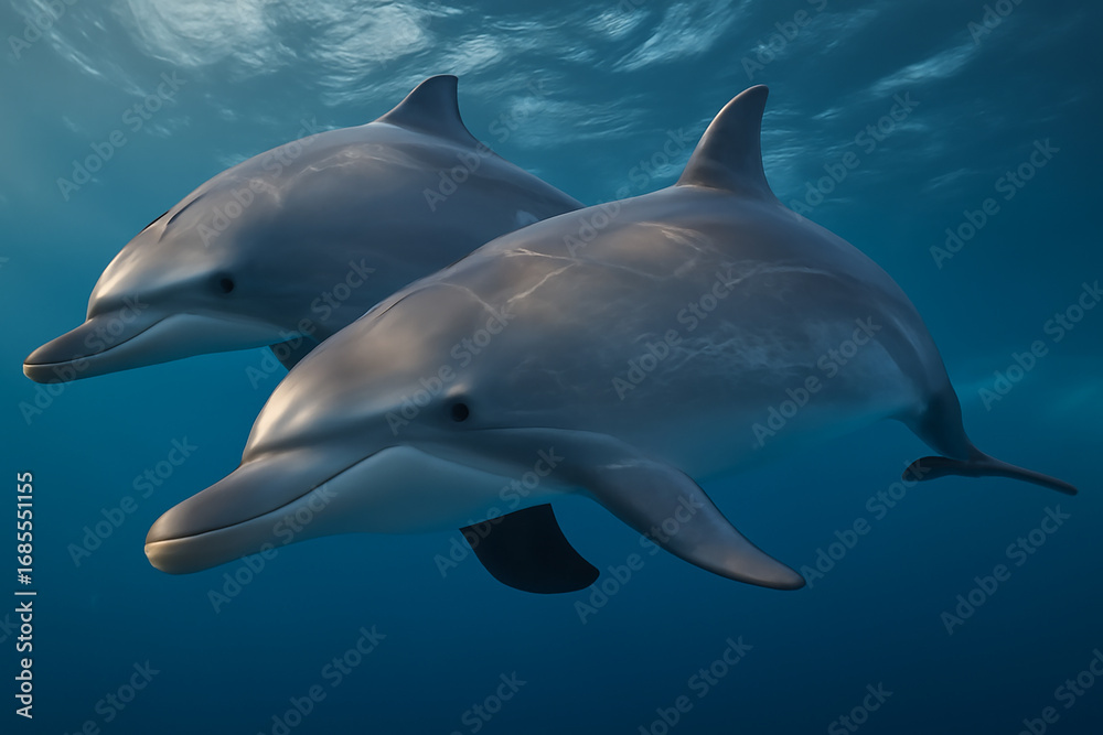 Fototapeta premium Two dolphins swimming together in the ocean capturing the grace of marine life