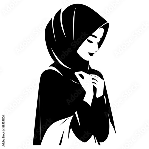 Black and white vector silhouette of a Hijabi girl in Abaya on white background  