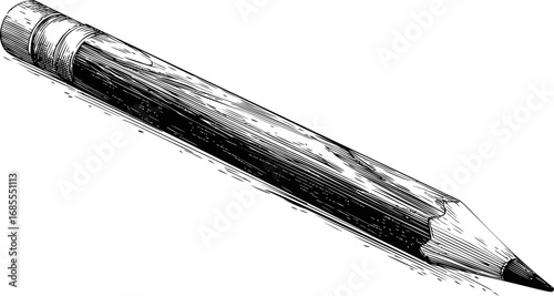 Detailed sketch of a pencil with wooden texture in monochrome. Vector illustration
