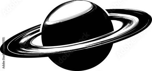 Black and white illustration of saturn with prominent rings in retro style. Vector illustration