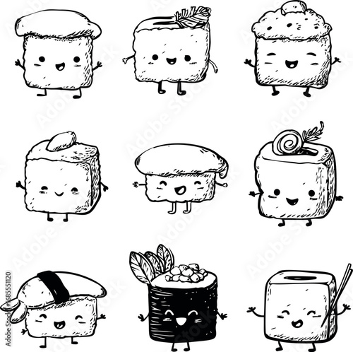 Cute sushi characters in black and white illustration with happy expressions. Vector illustration