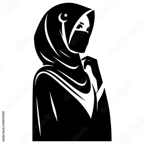 Black and white vector silhouette of a Hijabi girl in Abaya on white background  