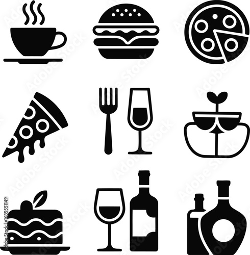 Diverse Culinary Collection Featuring Coffee, Burger, Pizza, Utensils, Salad, Cake, and Wine Displayed in a Grid Arrangement for Food Enthusiasts