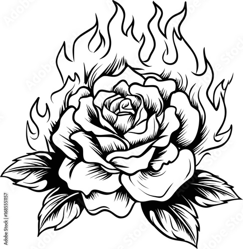 Flaming rose tattoo design with bold black lines in an artistic sketch style. Vector illustration