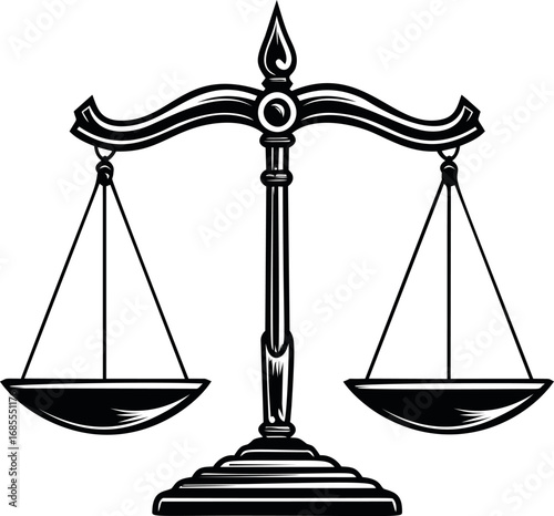 Black and white illustration of justice scales symbolizing balance. Vector illustration