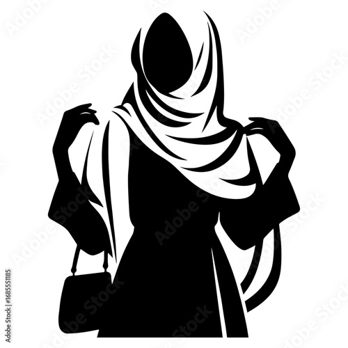 Black and white vector silhouette of a Hijabi girl in Abaya on white background  
