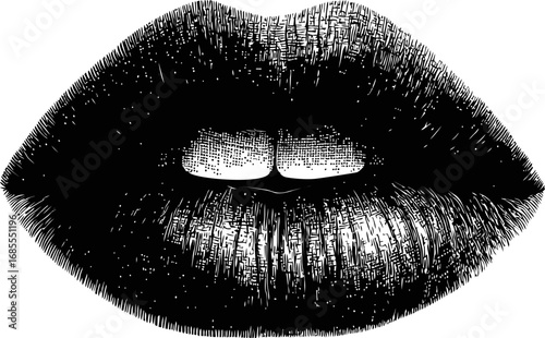Detailed black and white illustration of lips with crosshatch texture. Vector illustration