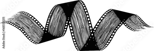 Wavy black and white illustration of a vintage film strip, conceptual art. Vector sketch illustration