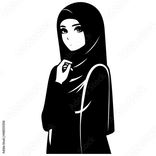 Black and white vector silhouette of a Hijabi girl in Abaya on white background  