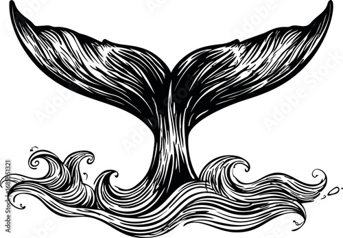 Whale tail in black and white with waves, stylized ink drawing concept. Vector illustration