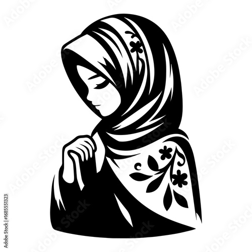 Black and white vector silhouette of a Hijabi girl in Abaya on white background  