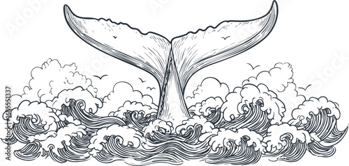 Whale tail rising above ocean waves in black and white. Vector illustration
