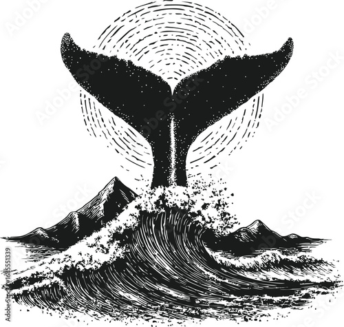 Whale tail splashing in ocean waves with mountains in black and white sketch style. Vector illustration