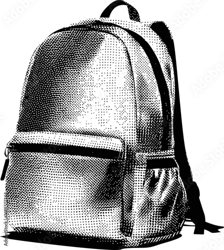 Black and white halftone illustration of a backpack, pop art style design. Vector illustration