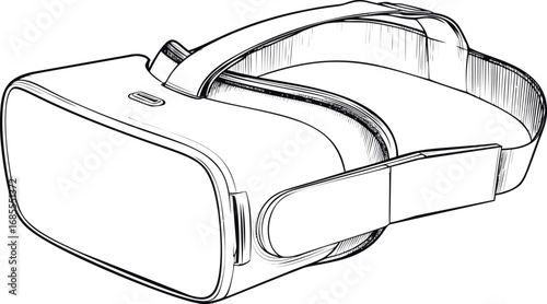 Black and white illustration of a virtual reality headset, line art drawing. Vector illustration