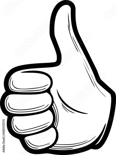 Black and white illustration of a thumbs up hand gesture, minimalistic sketch art. Vector illustration