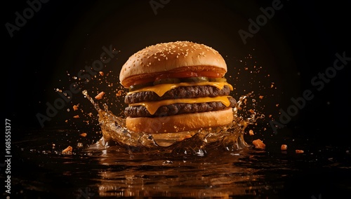 Delicious Cheeseburger Splash with Dynamic Golden Liquid and Dark Background