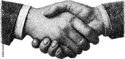 Classic black and white handshake with detailed stippling effect. Vector illustration