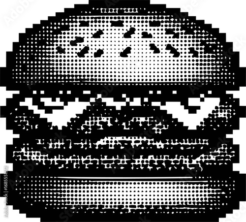 Halftone black and white hamburger, pop art retro style. Vector illustration