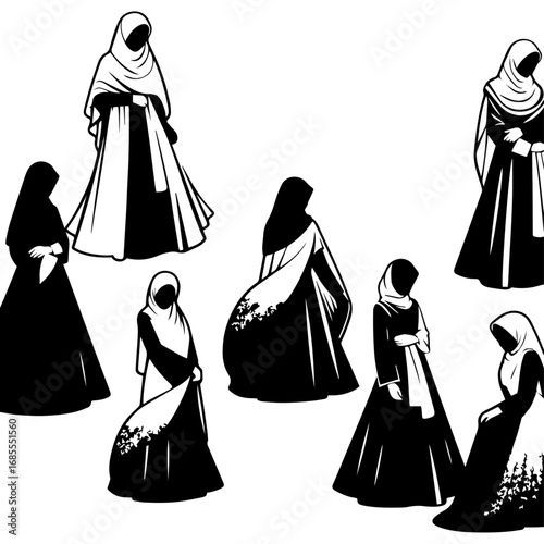 Black and white vector silhouette of a Hijabi girls in Abaya on white background  