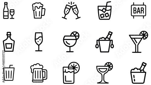 Drink and bar line icons set with cocktails beer and wine symbols
