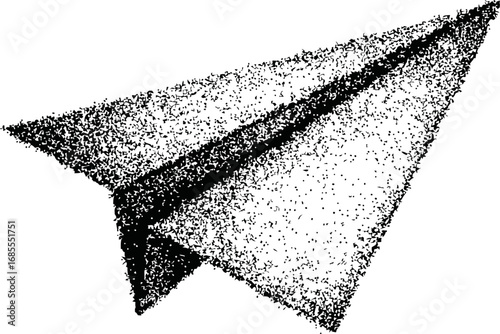 Black and white stippled paper airplane illustration on white background. Vector illustration
