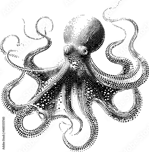 Black and white pointillism style octopus with swirling tentacles. Vector illustration