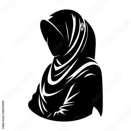 Black and white vector silhouette of a Hijabi woman on white background 
