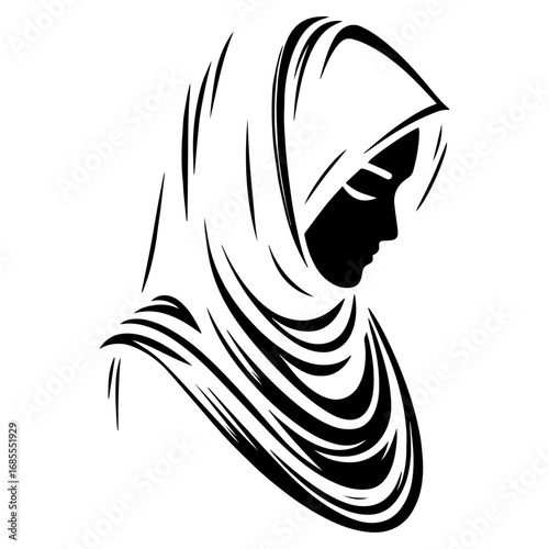 Black and white vector silhouette of a Hijabi woman on white background 