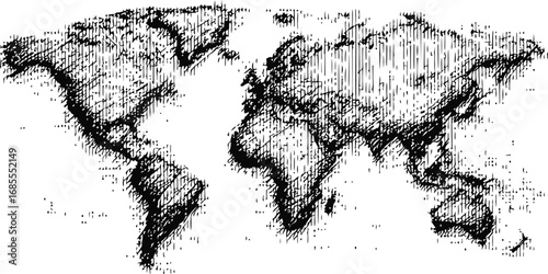 Drawn world map in black ink with artistic hatching design on white background. Vector illustration